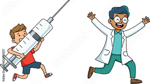 Funny cartoon boy holding giant syringe, doctor running scared, comic medical concept, vaccination humor, vector illustration, healthcare cartoon scene
