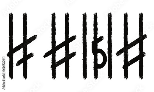 Prison wall tally marks counting from one to five. Rough hand-drawn scratch lines on grunge background. Vector illustration of old school scribbled number marks, boredom scratch tally system