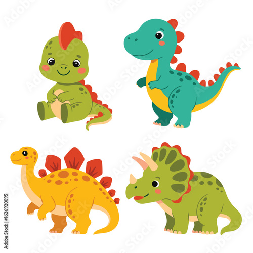 Illustration featuring four cartoon dinosaurs of different species and colors on a white background