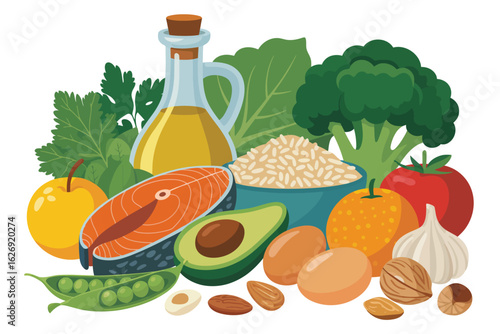 Healthy foods assortment with salmon avocado and vegetables