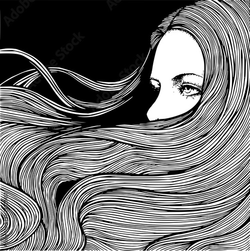 A woman's face partially obscured by flowing hair in a black and white graphic illustration style image