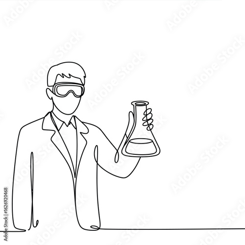 Scientist in lab coat and goggles holding erlenmeyer flask