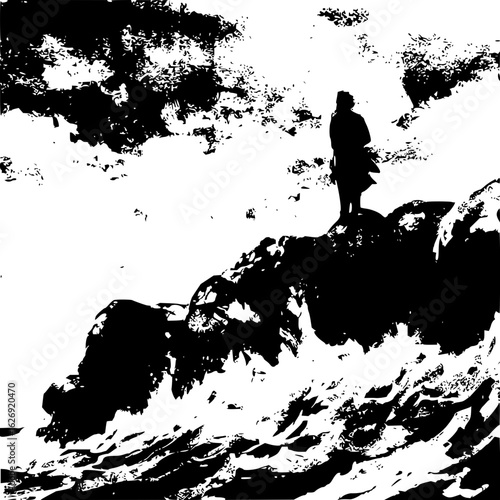 Silhouette of a person standing on a rocky outcrop overlooking a turbulent sea under a cloudy sky view