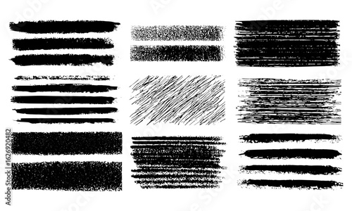 Grungy textured brush strokes, chalk and charcoal scribbles, pastel crayon lines collection. Rough hand-drawn shapes and streaks, artistic graphic elements for banners, backgrounds, textures