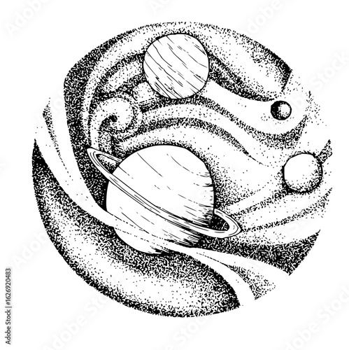 Stippled cosmic scene featuring a ringed planet and several moons in a circular composition