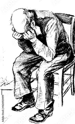 Illustration of a seated man with head in hands expressing sorrow and despair in black and white style