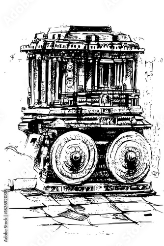 Detailed line drawing of a stone chariot with wheels and intricate architectural details in black and white