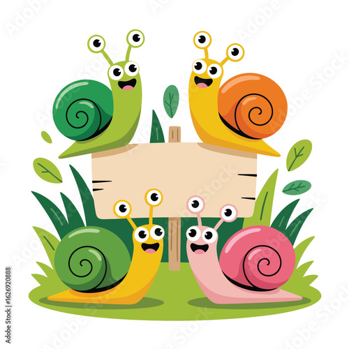 Four happy cartoon snails sitting around a wooden sign in a garden