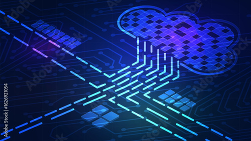 Abstract vector illustration depicting cloud computing and data connection within a digital network