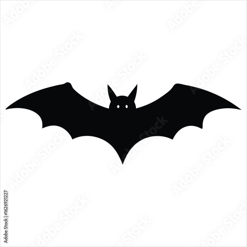 Black bat silhouette flying with wings spread wide isolated on white background