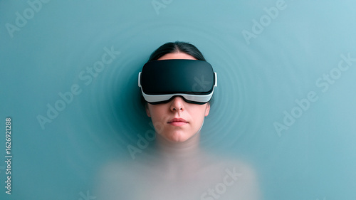 Woman immersed in blue water with a VR headset, floating calmly in the center of the frame, lost in her digital experience.