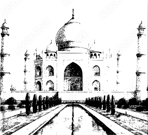 Illustration of the taj mahal with its iconic dome and minarets in a black and white sketch style