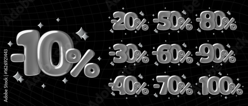 Silver 3d numbers and percentage sign. From 10 to 100 percent off discount design with y2k sparkles on dark background. Vector illustration.