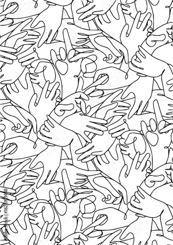 Black and white seamless pattern of hands drawn with single lines creating a dense and chaotic design