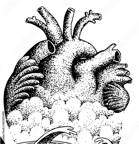Stylized anatomical heart with visible arteries and veins emerging from a cloud like base design