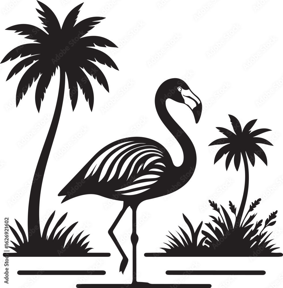 Fototapeta premium Silhouette of a Flamingo Standing Among Palm Trees and Grass tropical bird