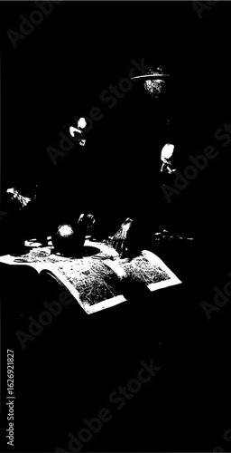 A dimly lit room shows an open book with a globe and other objects on a table in black and white style