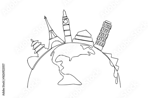 World landmarks on earth globe in continuous line drawing style including eiffel tower and big ben