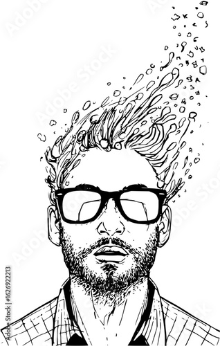 Sketch of a man with glasses and a beard with fluid emanating from his head in black and white