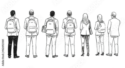 Back View of Students with Backpacks in a Sketch Style Illustration