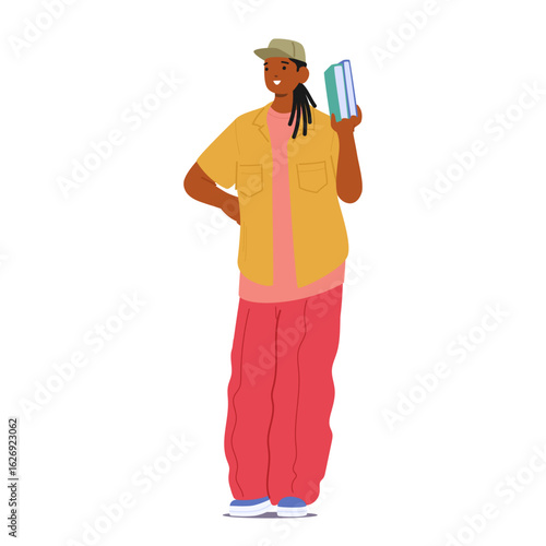African American student cartoon character wearing trendy fashion outfit isolated on white