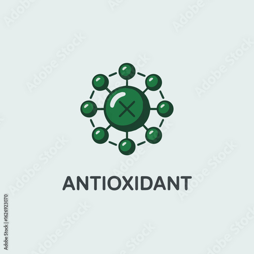 Green molecule with small spheres connected by lines representing an antioxidant structure design