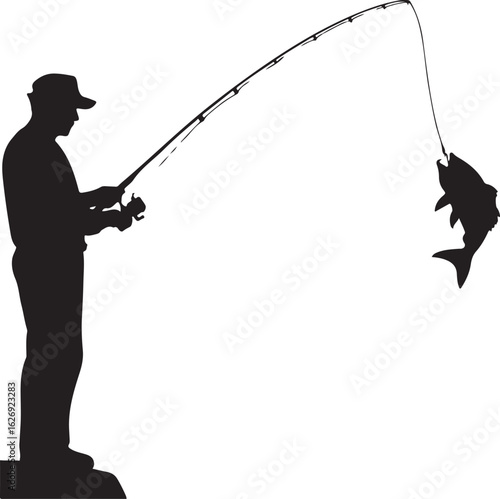 Silhouette of a man fishing with a large caught fish on a white background vector illustration