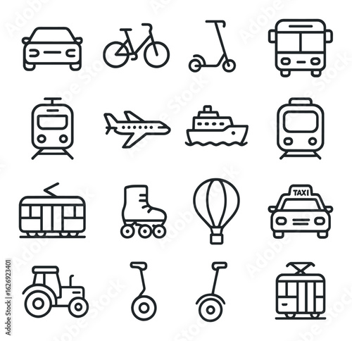 Icons of various modes of transportation including car, bicycle, and airplane