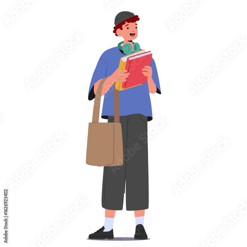 Jewish boy student cartoon character standing with studying supplies isolated on white background