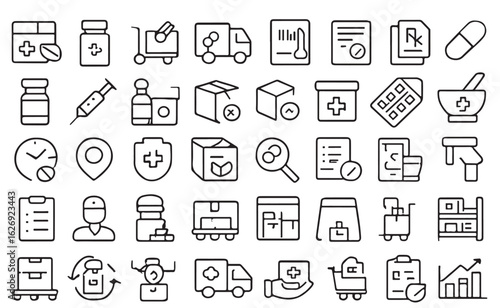 Pharmacy and healthcare logistics outline icons vector