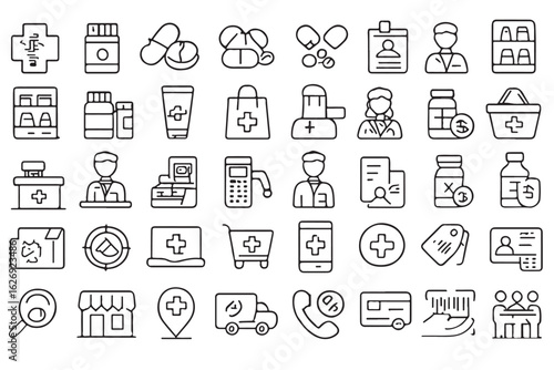 Pharmaceutical retail outline icons set pharmacy medical