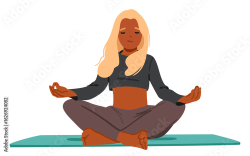 Teenage girl student cartoon character practicing mindfulness meditation, breathing sitting on mat
