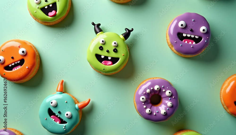 Naklejka premium Colorful Halloween monster donuts with playful icing faces and candy eyes on green background, fun and spooky treat flat lay