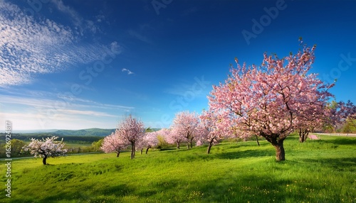 stunning natural scenery featuring blooming trees under a blue sky