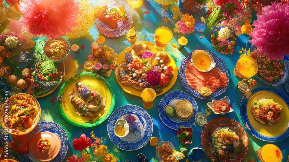 Fototapeta premium Vibrant Feast with Colorful Dishes and Fresh Ingredients on Table