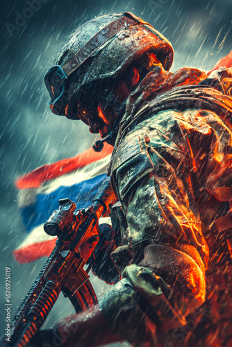 Obraz na płótnie Thai Army Warrior with Flag in the Storm