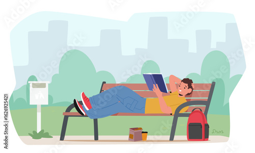 Relaxed teenage student cartoon character reading book while lying on bench in urban park scene