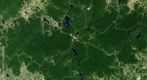 High-resolution aerial view of a forested region with visible waterways and roads.
