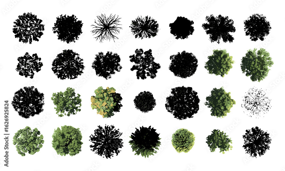 Collection of tree view silhouettes with diverse foliage patterns, perfect for urban planning, landscape and architectural visualization, including aerial perspective, forest outlines, and vector art