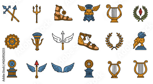 Collection of ancient Greek and Roman mythological symbols and icons, suitable for design and art