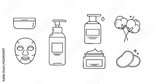 A collection of cosmetic and skincare product line icons on a white background