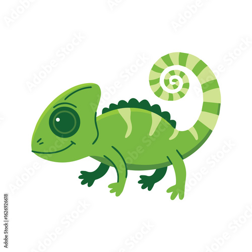 Illustration of a cartoon green chameleon with a striped tail and a smiling expression on a white background