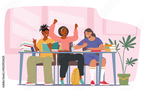 Students studying together enjoying learning activity helping each other with homework and project