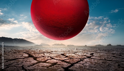 a surreal landscape of a large red sphere hovering over a broken land