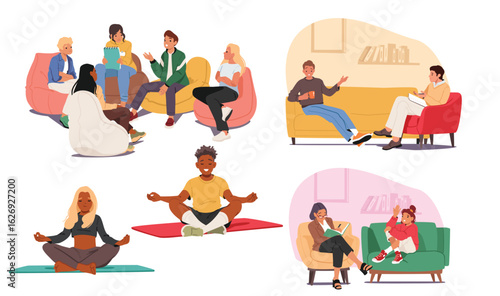 Professional psychological group, mindfulness practice for teenager mental health cartoon scene set