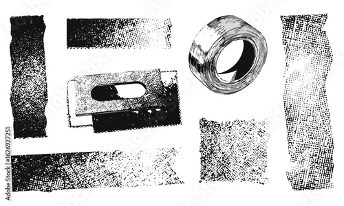 Duct tape and scotch torn sticker collection with grunge photocopy stipple effect. Retro distressed collage elements isolated on transparent background. Modern vintage vector texture
