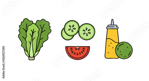 A set of line art icons representing fresh salad components, including lettuce, cucumber, tomato, and vinaigrette dressing for healthy diet concepts