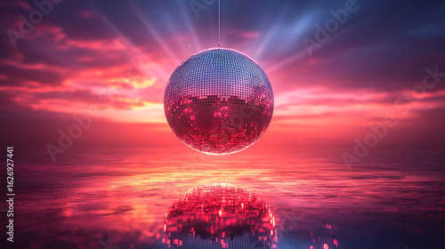 Disco Ball Sunset Reflection Vibrant Pink and Purple Ocean Scene