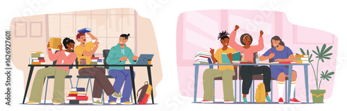 Happy students help each other in studying process while sitting at table in classroom or library