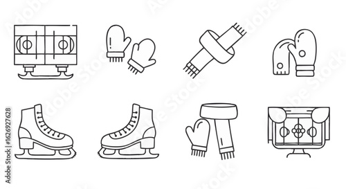 Winter Sports Outline Icons Ice Skating Gear, Rink, Mittens, and Scarves